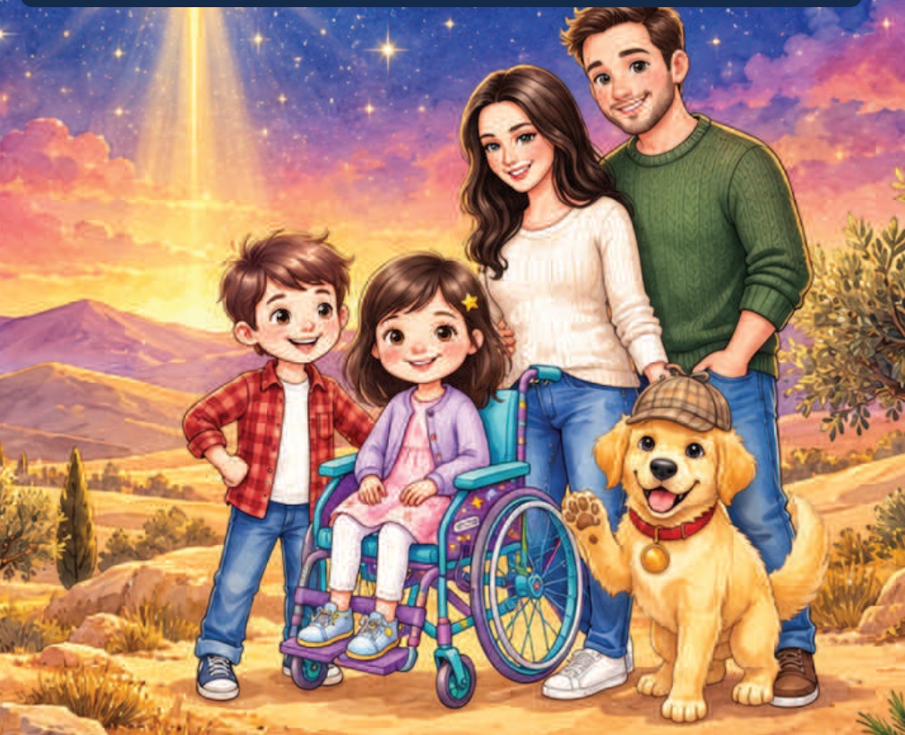 Detective Sam with Emma, Tommy, Linda, and Landon under a glowing Christmas star